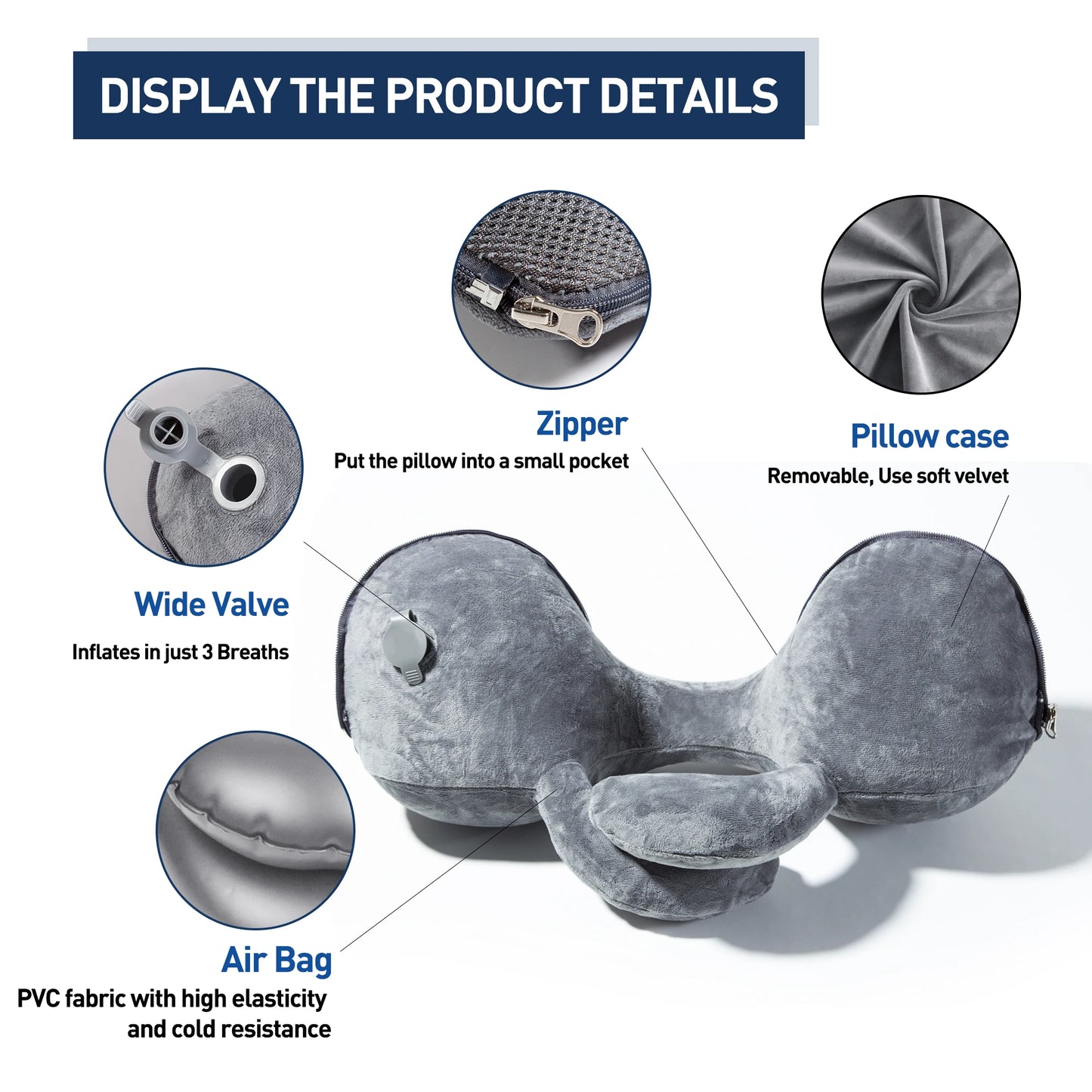 Travel Pillow Inflatable Soft Cushion Body Back Support Foldable