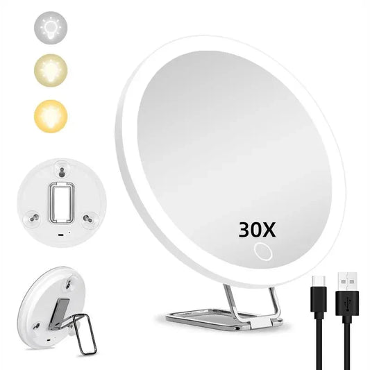 Rechargeable LED Makeup Mirror 1 Box 6 Inch Adjustable Lighted  Portable Compact Travel Cosmetic Mirror with Magnification 30X